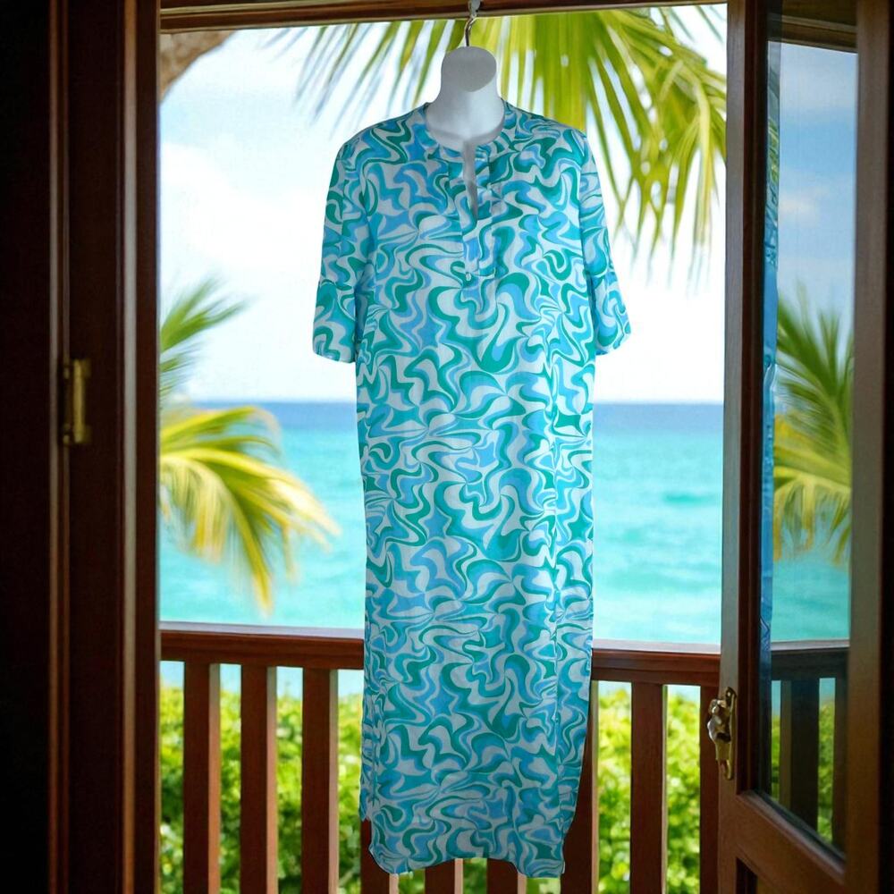 Addison Bay Blue Green Wave Print Cotton Caftan Dress XS Resort Beach Cover Up